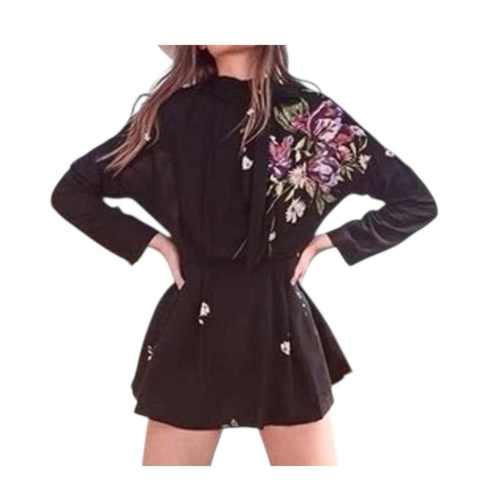 Free People Gemma Long Sleeve Tie Neck Tunic Top Mini Dress Sz M Black Floral